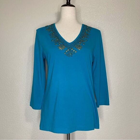 Chico’s Beaded Embellished Blue V-neck 3/4 Sleeves Top - Picture 1 of 13